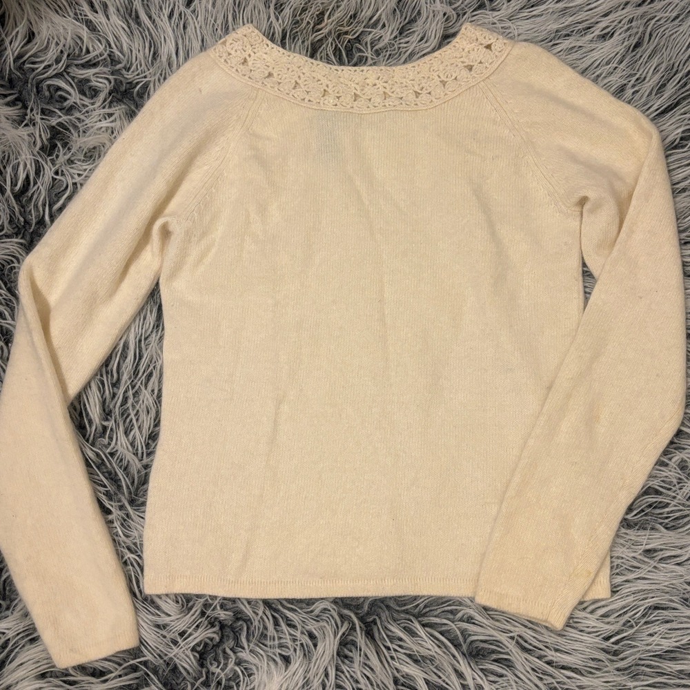 Hillard & Hanson Cream Angora Rabbit Hair Beaded Crochet Collar Sweater Large